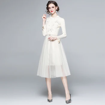 2021 modni stezi Belo obleko jesen in zimo, dolgo sleeved retro elegantno temperament Noge lok plesti vrh očesa dolgo obleko 6683