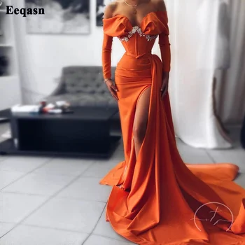 Eeqasn Oranžna Dolg Rokav Morska Deklica Večerne 2 Kosov Ženske Saten Off Ramo Čipke Prom Obleke Split Formalno Stranko Obleko
